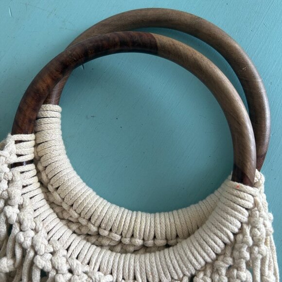Macramé Handbag Wooden Handle Ombre Beach Bag Boho Chic Retro - Picture 5 of 10